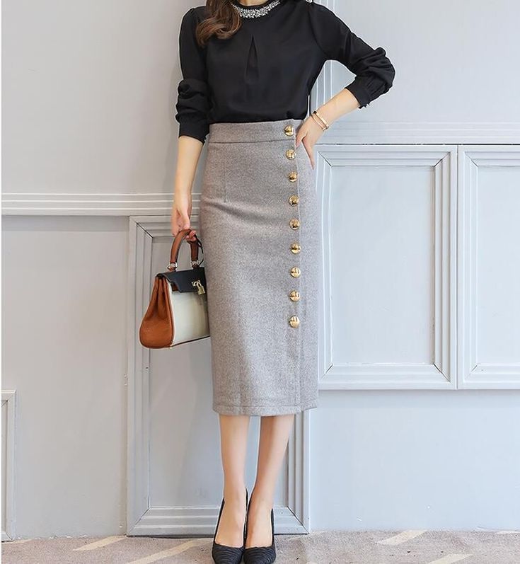 High Waist Warm Solid Pencil Office Midi Skirt - Uniqistic.com Elegant Office Skirt With Side Buttons, Knee-length Pencil Skirt For Workwear, Knee-length Pencil Skirt With Button Closure For Work, Chic Workwear Pencil Skirt With Buttons, Chic Buttoned Pencil Skirt For Work, Chic Pencil Skirt With Buttons For Workwear, Office Pencil Skirt With Button Closure, Winter Office Lady Skirt, Fall Office Pencil Skirt