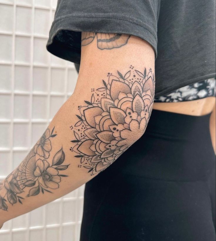 a woman's arm with flowers on it and the words all posts above her