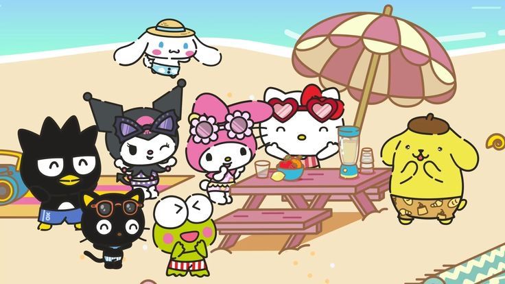 hello kitty and friends are on the beach with umbrellas, chairs and picnic tables