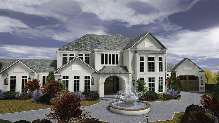 this is an artist's rendering of a house with a fountain in the front yard