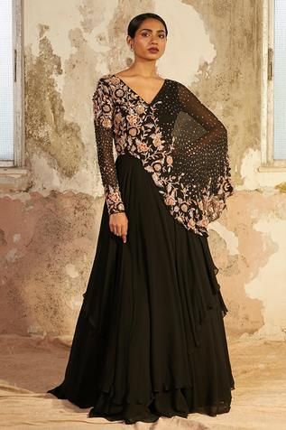 Shop for Shloka Khialani Black Georgette Noire Floral Embellished Gown for Women Online at Aza Fashions Black Gown Indian, Hand Embellishment, Georgette Gown, Cape Gown, Indo Western Dress, Cape Style, Desi Clothes, Embellished Gown, Gowns Online