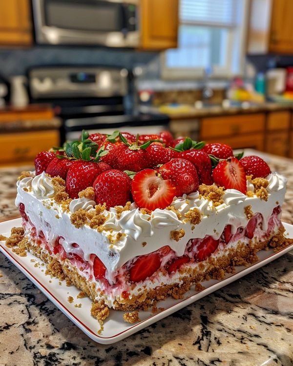 a cake with strawberries on top sitting on a counter