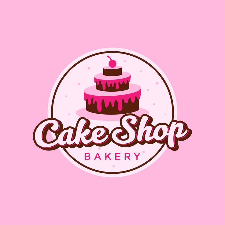 the logo for cake shop bakery with a pink and brown cake on it's side