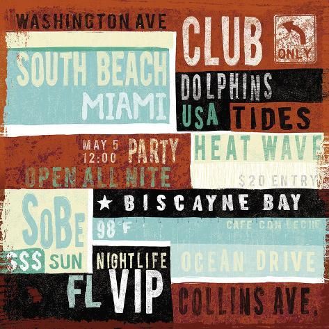 an image of a poster with words on it that say club miami and other names