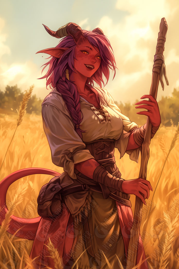 a woman with purple hair holding a stick in a wheat field on a sunny day