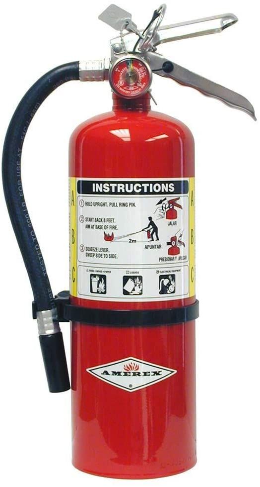 a red fire extinguisher with tools attached to it