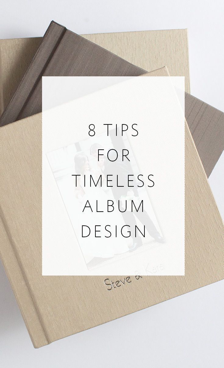 three books with the title 8 tips for timless album design on top of them