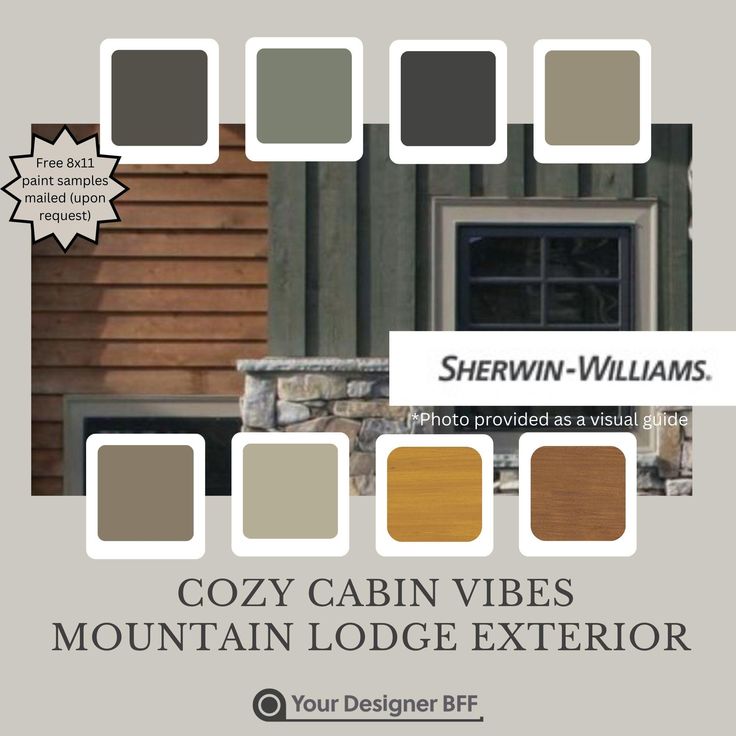 the color scheme for cozy cabin vibes mountain lodge exterior is shown in gray and brown