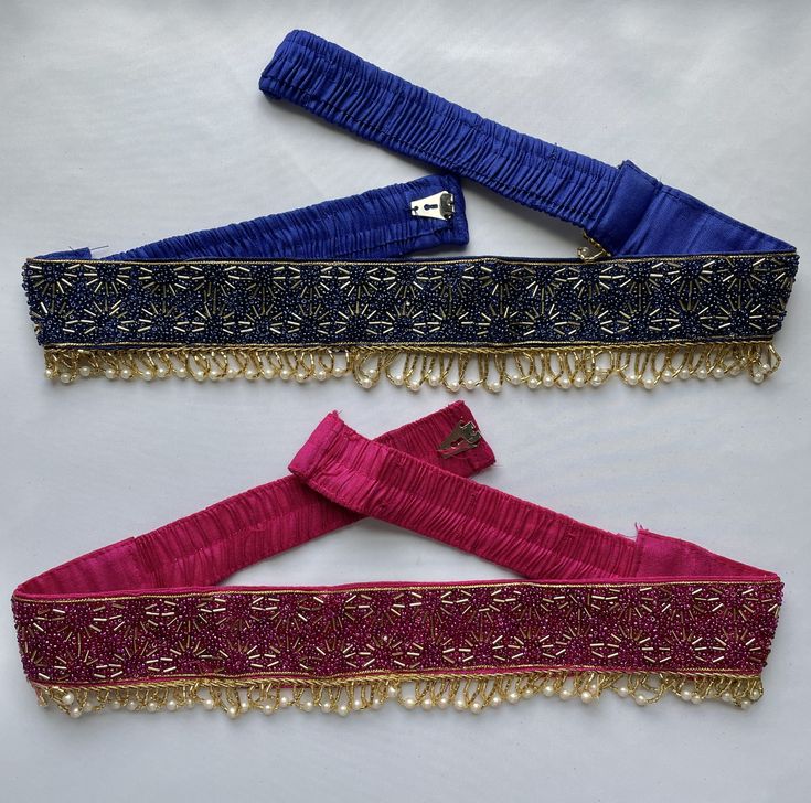 "Areya collections offers unique collection of items. Beautiful Maggam/embroidery work cloth Indian ethnic-wear waist belt (Vaddanam) for Adults and Teenage kids Color and Size: Blue Saree belt - Has 3 different size settings. Expandable. Fits waist from 26 to 41  inches Pink color - Has 3 different size settings. Expandable. Fits waist from 26 to 41 inches Width approx. 2\". Excellent accessory for women Indian wear (Saree, Half-saree,lehenga or dresses) for parties, weddings and events. Looks very pretty and attractive. This fabric waist belt is a perfect match on Wedding Sarees & Lehanga Cloth Vadanam Vaddanam Vadanalu Vadanallu Ottyanam Kardhani Kamarbandh For ladies Suitable to wear on Saree, Half-saree, nice frocks or long frocks or Lehenga's or Pattu Langa or Langa Voni or western d Belt Lehenga, Lehenga Belt, Indian Wear Saree, Women Indian Wear, Saree Belt, Black Maxi Dresses, Hip Belts, Sleeveless Blouse Designs, Pattu Langa