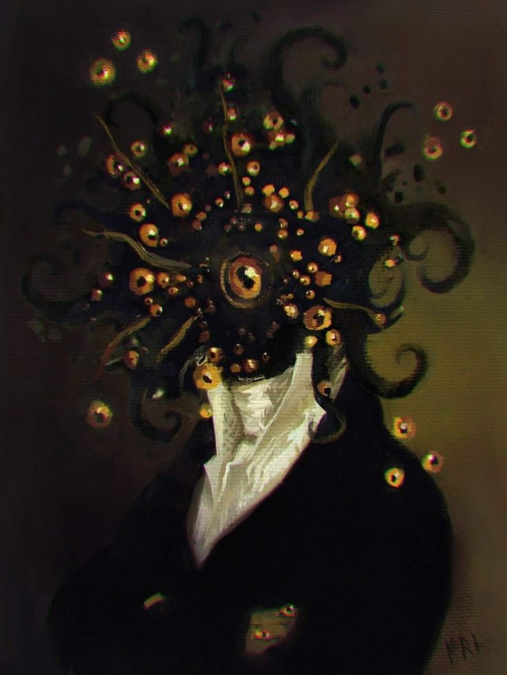 an artistic painting of a man with bubbles on his head