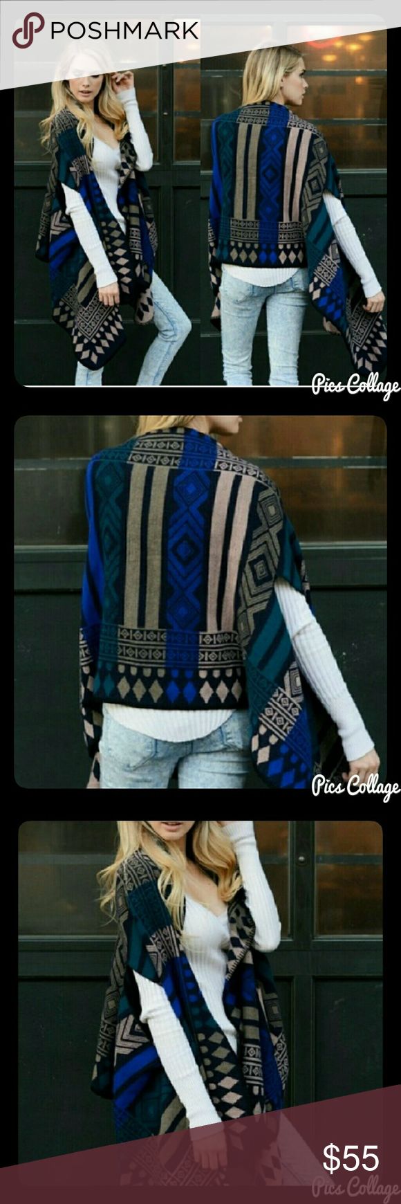 *HP*  Blue & Tan Poncho Shawls Tribal design in shades of blue, teal, tan, and black. 100% acrylic. 85x27" One size fits most. October Love Sweaters Shrugs & Ponchos Bohemian Blue Cape Outerwear, Bohemian Blue Cape-style Outerwear, Bohemian Blue Cape Poncho, Casual Blue Poncho Cape, Casual Blue Cape Poncho, Blue Bohemian Cape Shawl, Blue One Size Shawl For Winter, Blue One-size Winter Shawl, Blue Fall Shawl