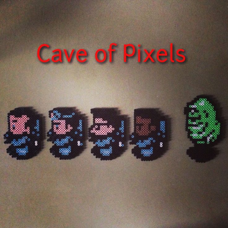 pixel art with the words cave of pixels written in red and blue letters on it