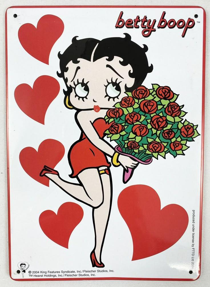 a woman holding a bouquet of roses on top of a white sign with red hearts