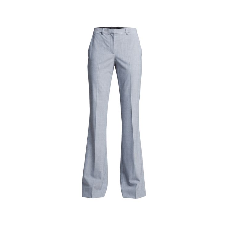 Theory "Demitria" Good Wool pants. Approx. measurements:  35" inseam; 22" leg opening; 10" front rise; 15" back rise, size 8. Mid rise; darts at back. Side slip pockets; back welt pockets. Fitted through straight legs. Full length hem. Hook/zip fly; belt loops. Wool/spandex. Care note:  Do not wash, bleach, or tumble dry. Cool iron if needed. Dry clean with any solvent except trichloroethylene. Imported. Fitted Wide Leg Work Pants, Fitted Wide-leg Spring Work Pants, Fitted Wide-leg Work Pants For Spring, Modern Fitted Pants For Workwear, Fitted Wide Leg Work Pants For Business Casual, Modern Fitted Workwear Pants, Modern Fitted Pants For Office, Chic Fitted Full-length Work Pants, Modern Fitted Bottoms For Office