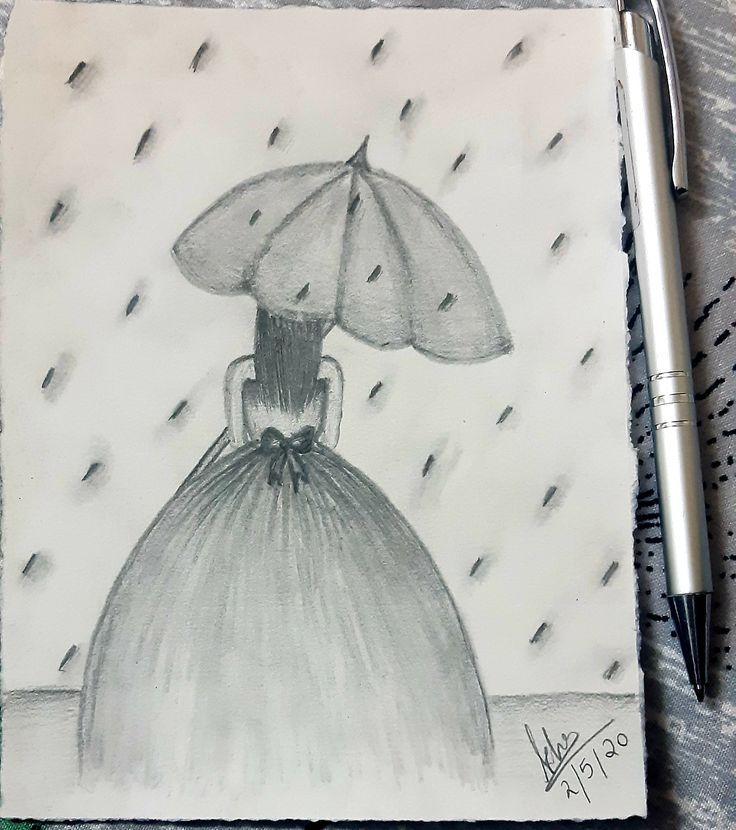 a drawing of a woman in a dress with an umbrella on it's head