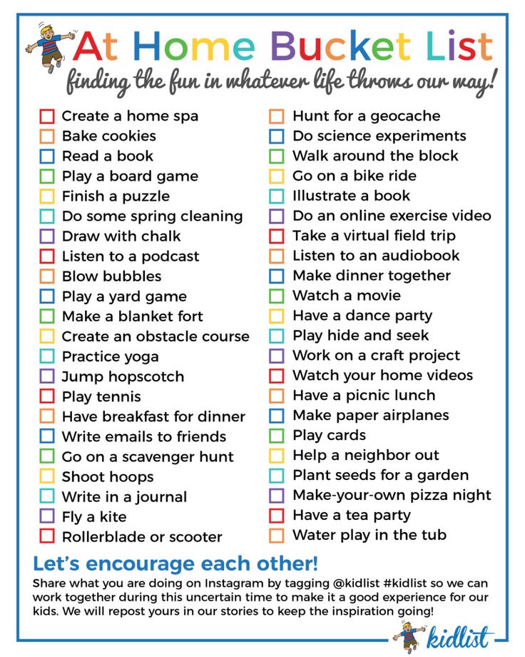 a printable at home bucket list for families to do in the house and on vacation