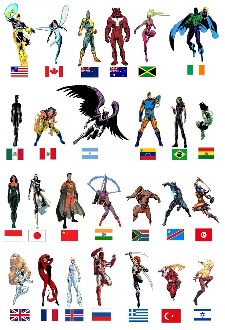 many different types of superheros and their flags