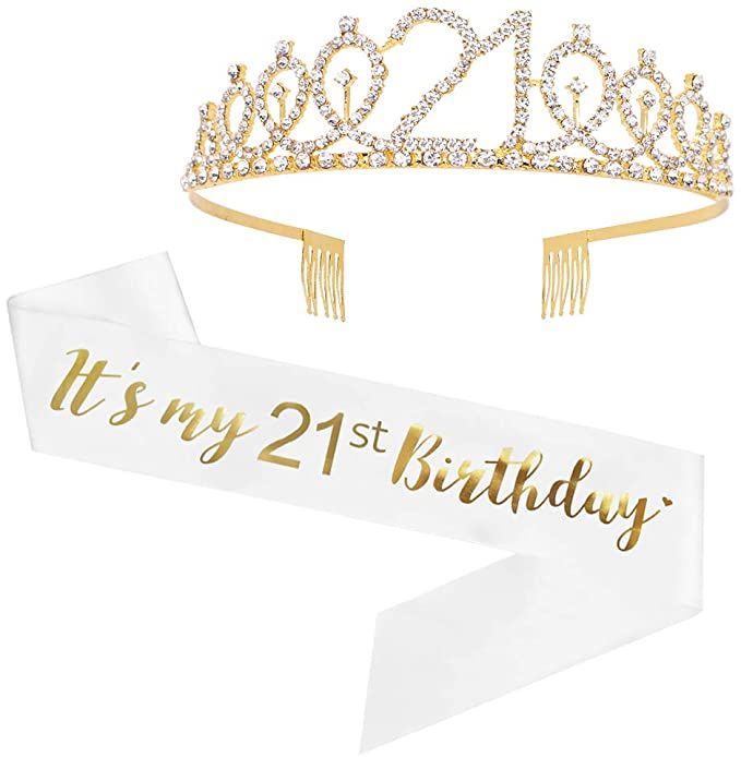 two tiaras with the words it's my 21st birthday in gold and white