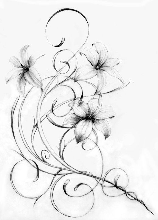 a drawing of flowers with swirls and leaves on the bottom half of their petals