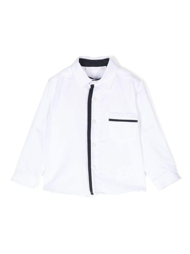 white/navy blue cotton contrasting trim classic collar long sleeves buttoned cuffs chest patch pocket curved hem front button fastening Dress With Jean Jacket, Baby Boy Accessories, Dolce And Gabbana Kids, Contrasting Trim, Stella Mccartney Kids, Suits Coats, Shirt White, Baby Sets, Jeans Dress