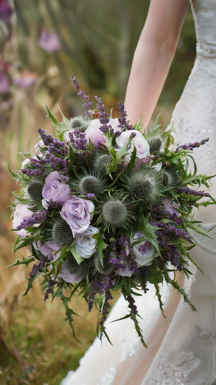 Rustic Lavender and Thistle Wedding Bouquets Heather And Thistle Bouquet, Thistle Flower Bouquet, Scottish Wedding Bouquet, Scottish Bouquet, Scottish Thistle Bouquet, Thistle Bouquet Wedding, Whimsical Wedding Bouquet, Daisy Bridal Bouquet, Bouquet Stand