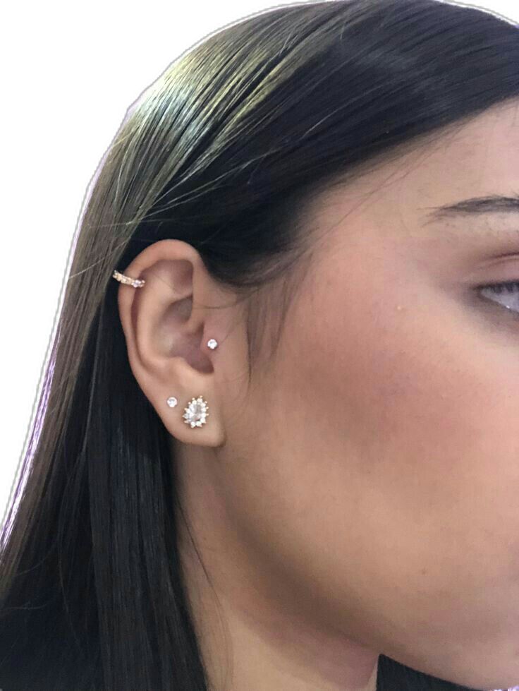 a close up of a person with ear piercings on their ears and wearing an earring