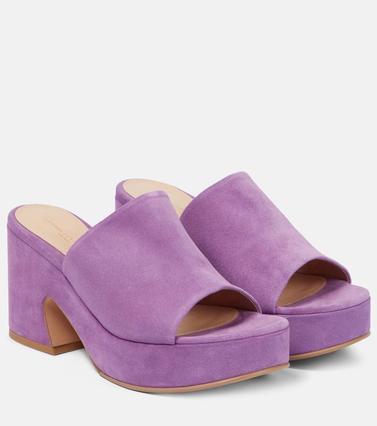 Suede platform mules in purple - Gianvito Rossi | Mytheresa Suede Mules With Sculpted Heel And Round Toe, Suede Open Toe Mules With Sculpted Heel, Open Toe Suede Mules With Sculpted Heel, Suede Mules With Sculpted Block Heel, Summer Suede Mules With Sculpted Heel, Suede Clogs With Platform And Open Heel, Suede Platform Mules With Block Heel, Chic Open Heel Suede Clogs, Suede Platform Mules With Open Heel