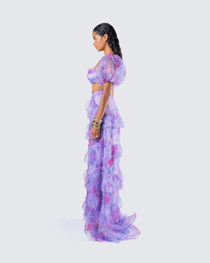 The princess is here 👑 With a look that will have everyone bowing down to you, this two-piece set features a purple floral cropped top paired with a matching organza maxi skirt 💜 Feminine Two-piece Party Sets, Purple Two-piece Party Set, Purple Two-piece Set For Party, Spring Purple Party Crop Top, Spring Party Sets With Tiered Skirt, Summer Party Organza Sets, Purple Flowy Party Dress, Purple Party Maxi Skirt, Purple Flowy Maxi Skirt For Party