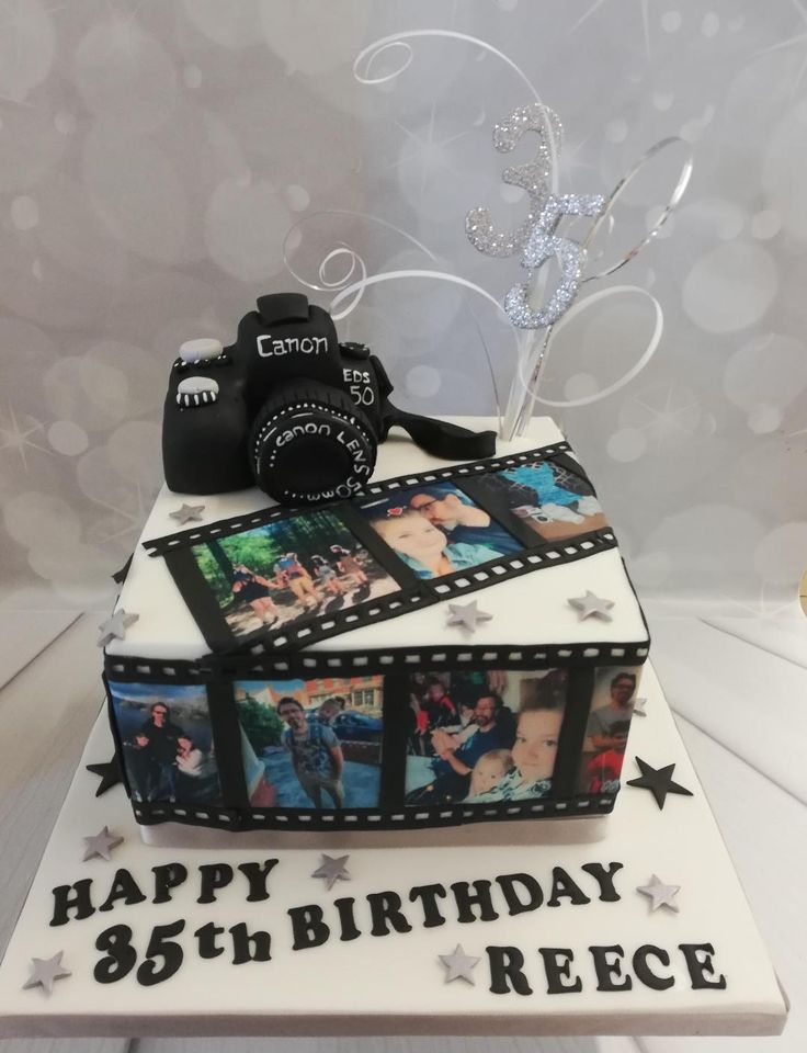 a birthday cake decorated with photos and stars