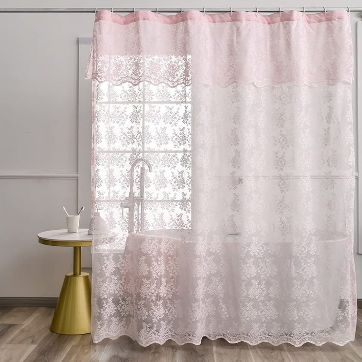 PRICES MAY VARY. READY-MADE PINK LACE SHOWER CURTAIN - Package includes 1 lace shower curtain with attached valance (HOOKS NOT INCLUDED). Pink Shower Curtain Dimension: W72 x L72 Inch. Lace fabric shower curtain features with 12 Reinforced Holes top. Super easy to hang. ELEGANT VINTAGE PINK LACE VALANCE SHOWER CURTAIN - This gorgeously finished knitted floret lace shower curtain will surely brighten up your bathroom with stunning & romantic atmosphere. DECORATIVE VICTORIAN LACE SHOWER CURTAIN - French Country Shower Curtain, Curtains With Attached Valance, Lace Shower Curtain, Girly Shower Curtain, Fancy Shower Curtains, Country Shower Curtain, Shower Curtain With Valance, Lace Shower Curtains, Shabby Chic Shower