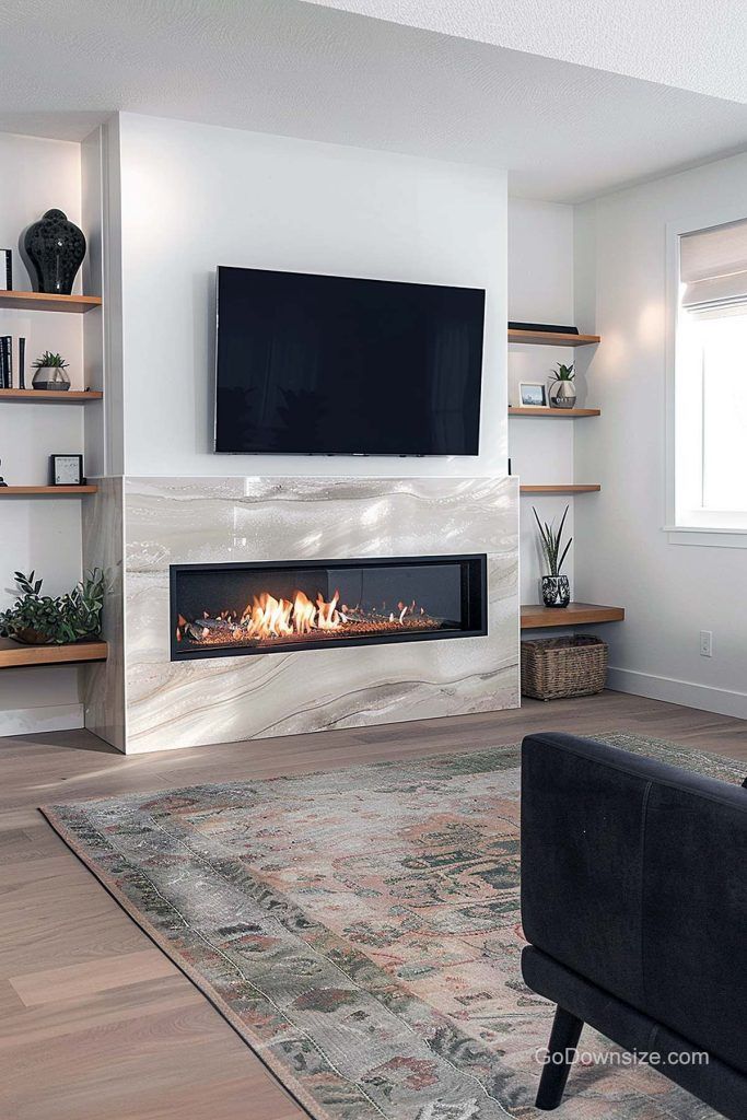 a living room with a couch, fireplace and television on the wall in it's corner