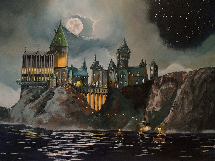 a painting of hogwart's castle on top of a mountain