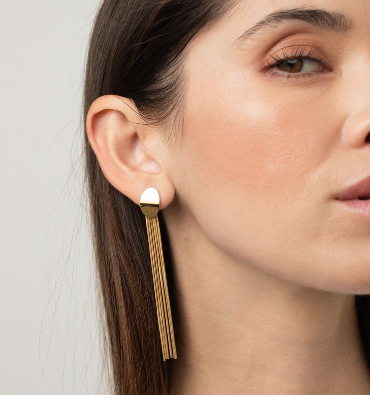 Make a statement with these slinky tassel earrings, the ultimate show-stoppers. They're perfect for that holiday party or adding an extra dash of glam to your dress-up occasions. Chic Tassel Earrings For Evening, Elegant Evening Tassel Drop Earrings, Minimalist Tassel Earrings For Party, Elegant Long Drop Tassel Chandelier Earrings, Elegant Long Drop Chandelier Earrings With Tassels, Minimalist Tassel Drop Earrings For Parties, Chic Dangle Tassel Earrings As Gift, Trendy Tassel Drop Earrings For Evening, Modern Tassel Drop Earrings For Party