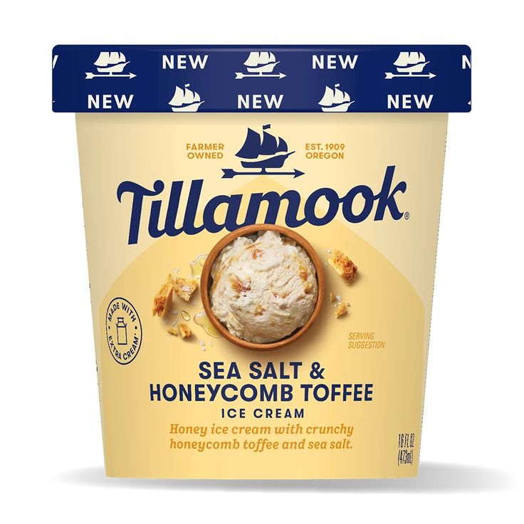 a tub of sea salt and honeycomb toffee ice cream on a white background