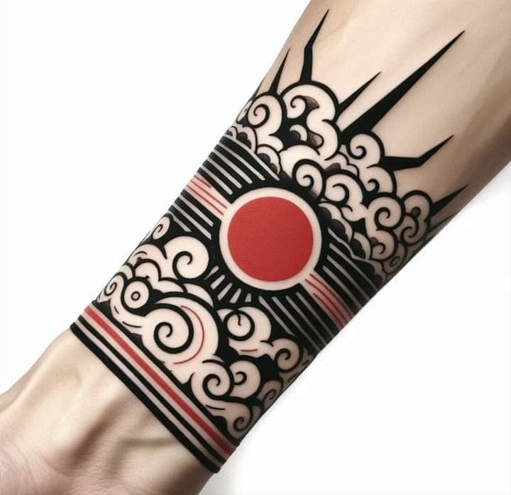 a person with a tattoo on their arm that has a red circle in the middle