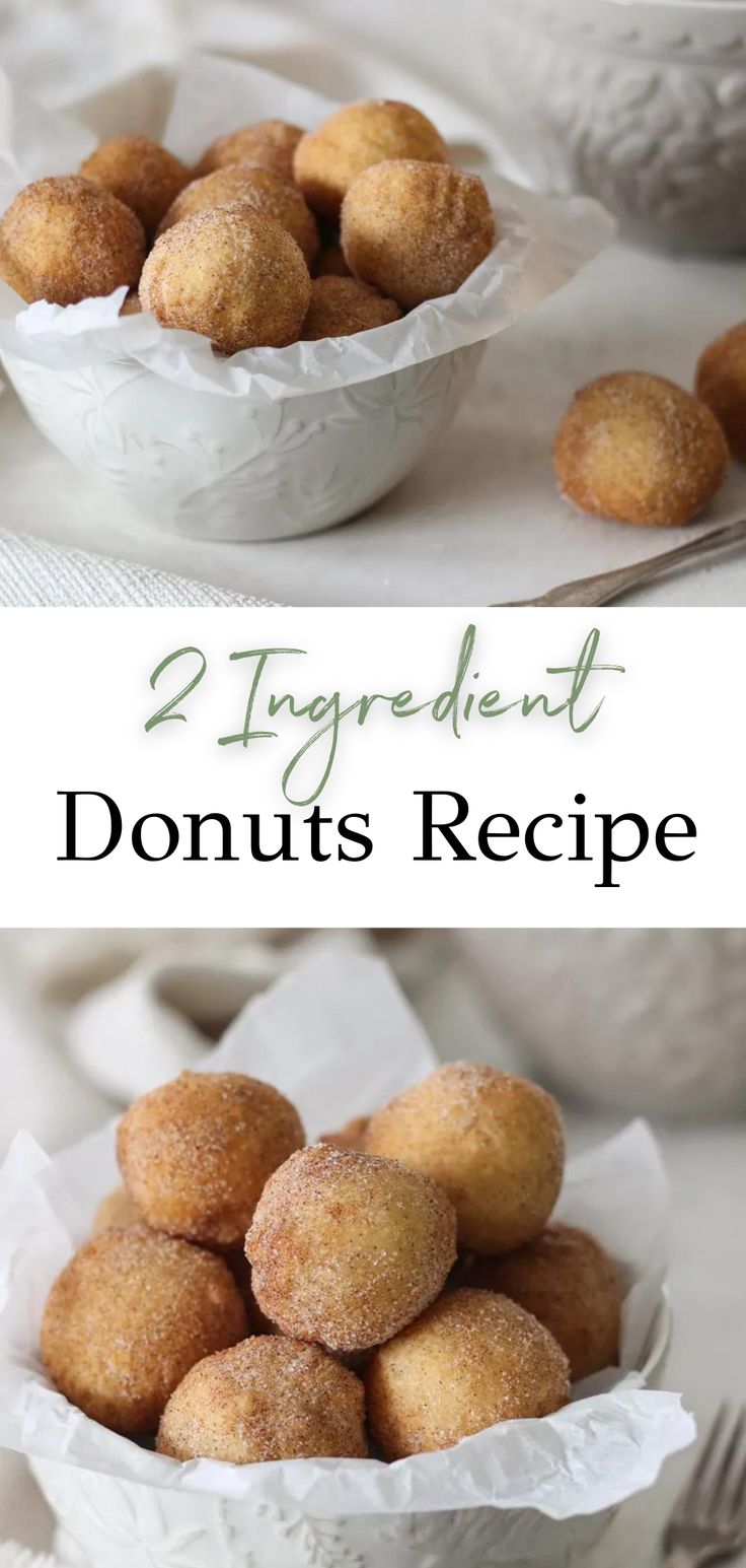 two pictures of doughnuts in a bowl with the words 2 ingredient donuts recipe