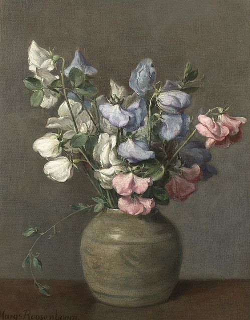 a painting of flowers in a green vase on a brown table with a gray wall behind it