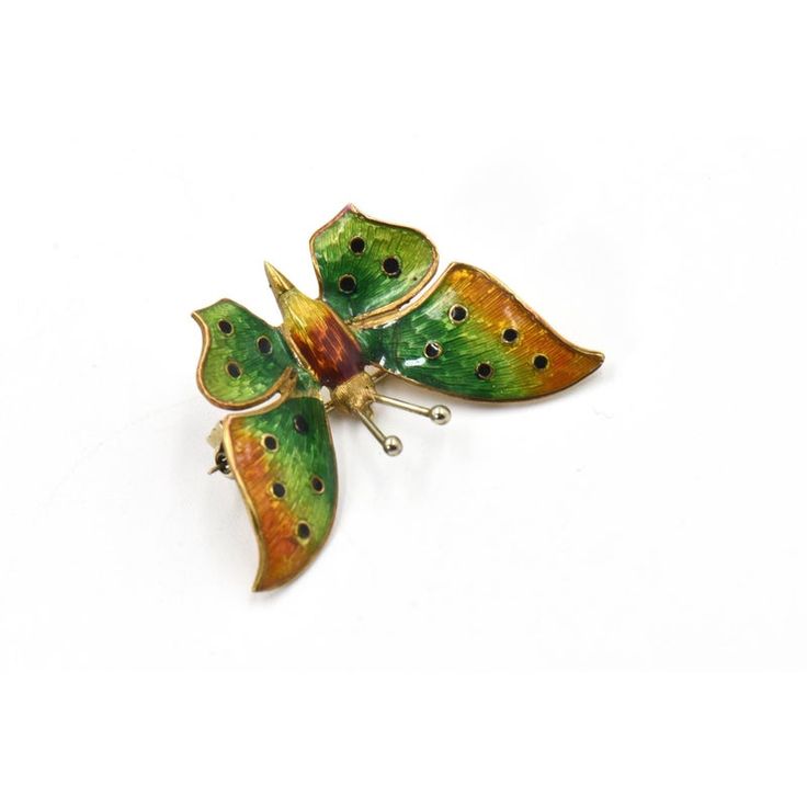 Italian beautifully made three dimensional butterfly brooch decorated in yellow, orange and green enamel.  The pin closure is a c - safety clasp.  The brooch is 18k yellow gold.  It is marked 18k Italy. Beautifully Made, Gold Pin, Orange And Green, Butterfly Brooch, Gold Brooches, Green Enamel, Pin Brooch, Yellow Orange, Three Dimensional