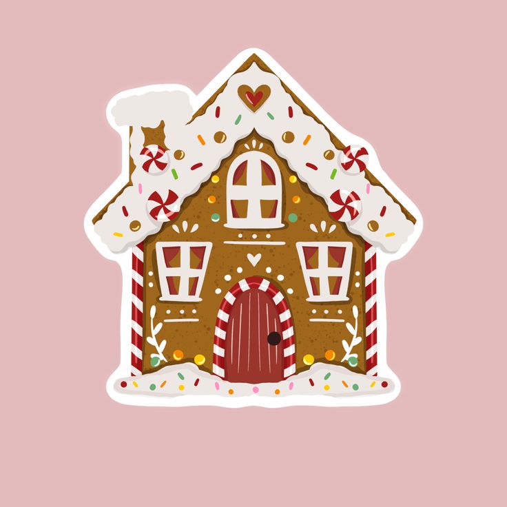 a gingerbread house sticker is shown on a pink background with white and red decorations