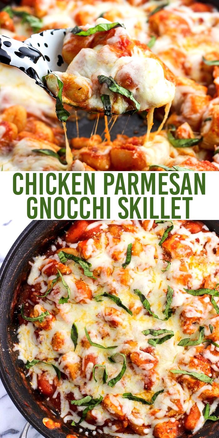 chicken parmesan gnocchi skillet is shown in two different pictures