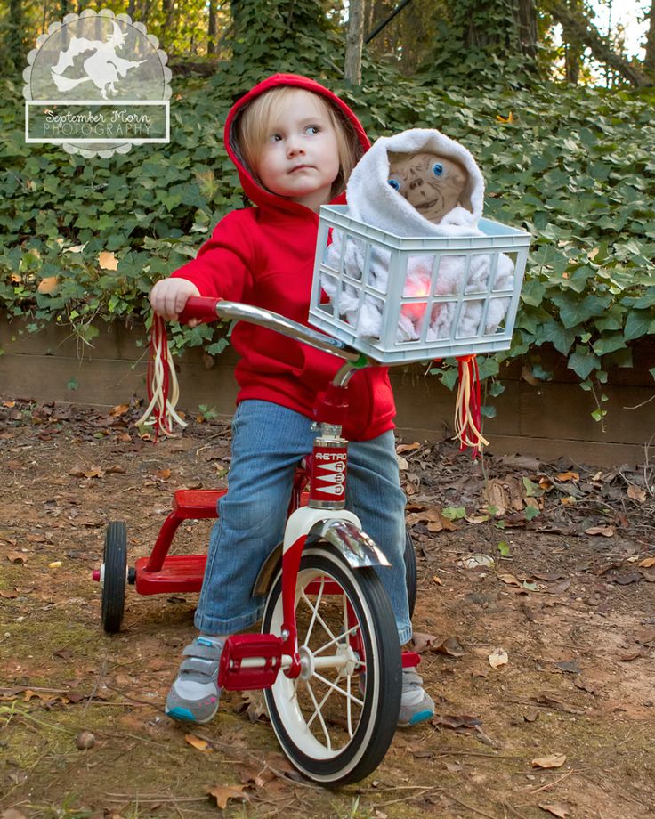 a young boy riding a red tricycle with a teddy bear in the back basket