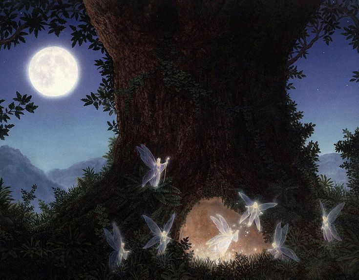 there are many butterflies flying around the tree in front of the moon and full moon