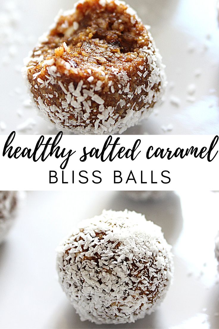 healthy salted caramel bliss balls on a white plate with text overlay that reads, healthy salted caramel bliss balls