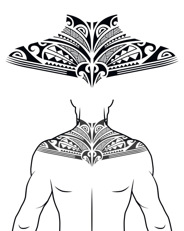 the back of a man's body with tattoos on his chest and arms, in black and white