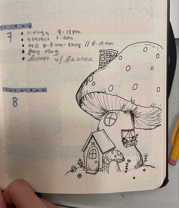 a drawing of a mushroom house in a notebook