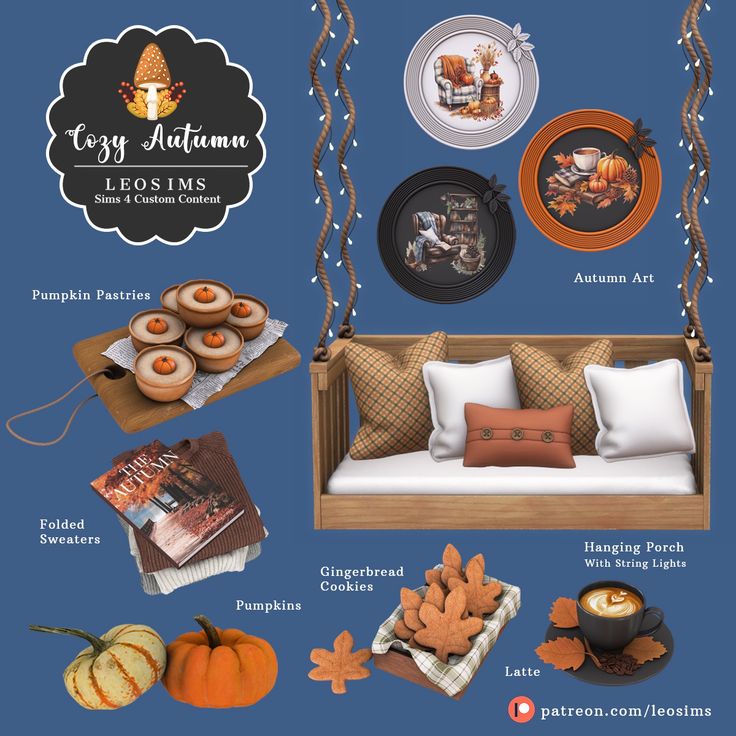 an assortment of fall items displayed on a blue background