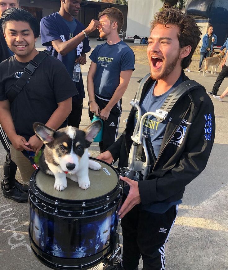 a man holding a dog on top of a drum while standing next to other men