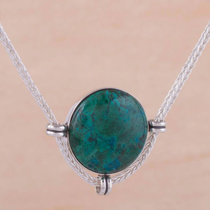 Andean Chrysocolla and Sterling Silver Pendant Necklace - Essence of Time | NOVICA Metal Jewelry Making, Precious Gift, Sterling Silver Dangle Earrings, Sterling Silver Necklace Pendants, Silver Pendants, Of The Earth, Silver Earrings Dangle, Jewelry Packaging, Silver Pendant Necklace