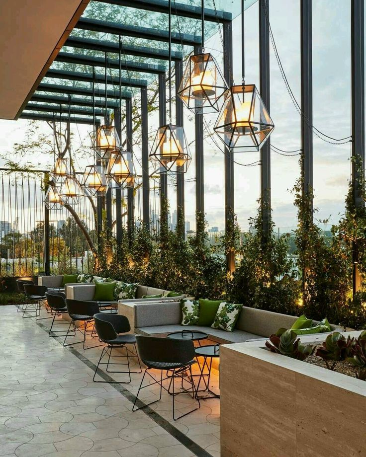 an outdoor seating area with lots of plants and lights hanging from the ceiling above it