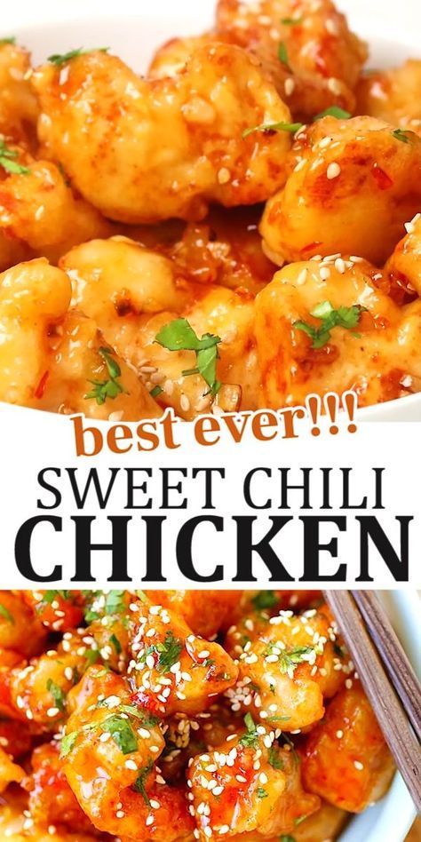 the best ever sweet chili chicken in a white bowl with chopsticks